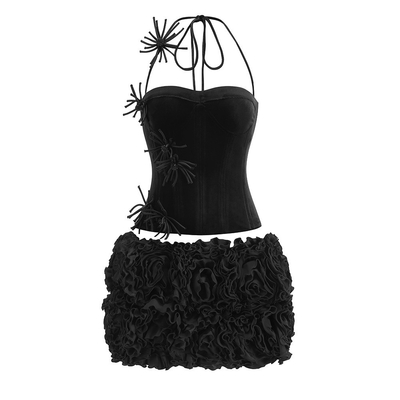 SS2380 Kimshein Nightclub Style Velvet Herringbone Tight Top and Handmade 3D Flower Mini Skirt Set for Women's Night Out