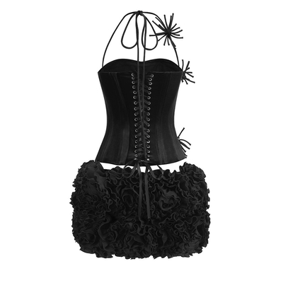 SS2380 Kimshein Nightclub Style Velvet Herringbone Tight Top and Handmade 3D Flower Mini Skirt Set for Women's Night Out