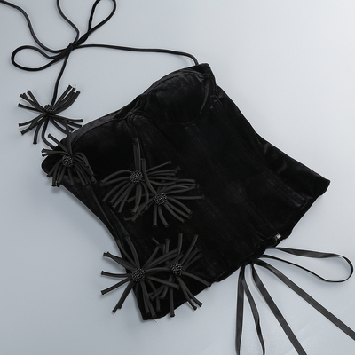 SS2380 Kimshein Nightclub Style Velvet Herringbone Tight Top and Handmade 3D Flower Mini Skirt Set for Women's Night Out