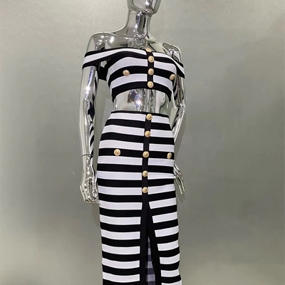 SS2403 Two-Piece Set Sleeveless Bandage Party Top and Striped Tight Skirt in Polyester for Women's Casual Summer