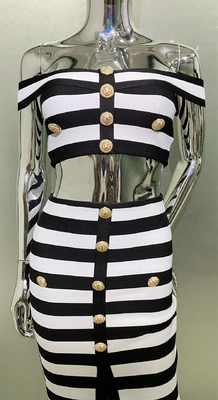 SS2403 Two-Piece Set Sleeveless Bandage Party Top and Striped Tight Skirt in Polyester for Women's Casual Summer