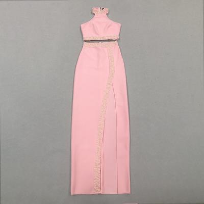 Unleash Your Inner Fashionista with this Pink Bandage Two-Piece Set featuring Pearl Details and High Slit Skirt