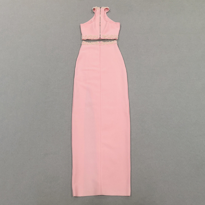 Unleash Your Inner Fashionista with this Pink Bandage Two-Piece Set featuring Pearl Details and High Slit Skirt