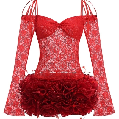 SS2401 Summer Women's Dress Chic and Sensual Long-Sleeved Lace Top with Floral Two-Piece Set