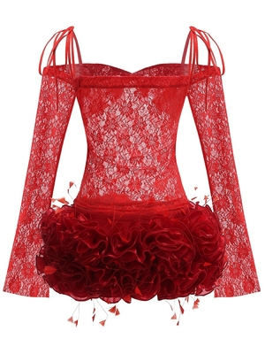 SS2401 Summer Women's Dress Chic and Sensual Long-Sleeved Lace Top with Floral Two-Piece Set