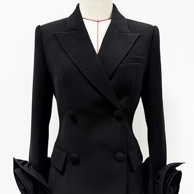 BLAZER BA2354 3D Flower Long-Sleeved Sports Jacket for Women in Black V-Neck Design and Polyester Material