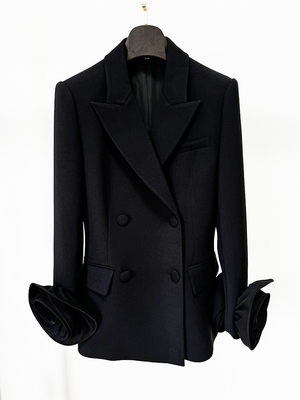 BLAZER BA2354 3D Flower Long-Sleeved Sports Jacket for Women in Black V-Neck Design and Polyester Material