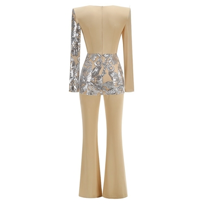 JB2287 Kimshein Fashion Long Sleeve Party Jumpsuit for Women Sexy V-Neck Tight Shiny Bodysuit High Waist and Comfortable