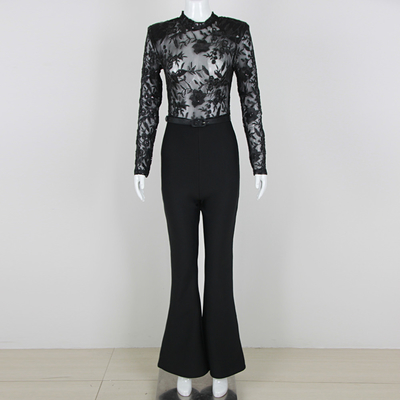 Women's Night Club Must-Have Spring Season Polyester Fabric Jumpsuit Sexy Lace Sequin Party Tight Jumpsuit Flared Pants JB2253