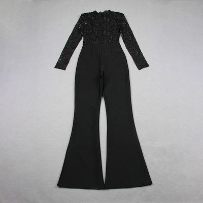 Women's Night Club Must-Have Spring Season Polyester Fabric Jumpsuit Sexy Lace Sequin Party Tight Jumpsuit Flared Pants JB2253