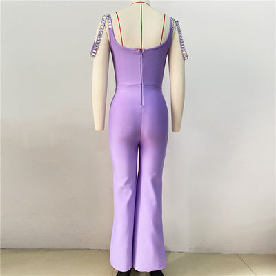 JB2261 Sleeveless Jumpsuit High Waist and Purple Rhinestone for Fashionable Party Look
