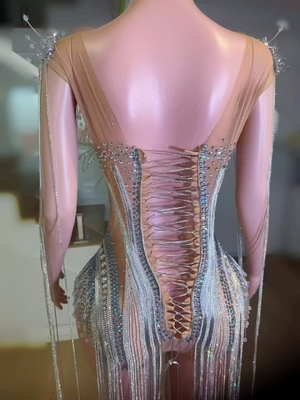 AD2563 Ladies' Bodycon Dress Grid Fabric Customizable Logo Handmade Crystal Rhinestone Details Mini Length Chic Fringe for Parties