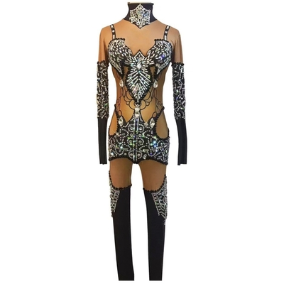 Woven AD2490 Luxurious Beaded Long Sleeve Women's Party Jumpsuit with Shimmering Crystal Diamonds Stock/Ready to Ship