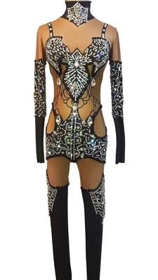 Woven AD2490 Luxurious Beaded Long Sleeve Women's Party Jumpsuit with Shimmering Crystal Diamonds Stock/Ready to Ship