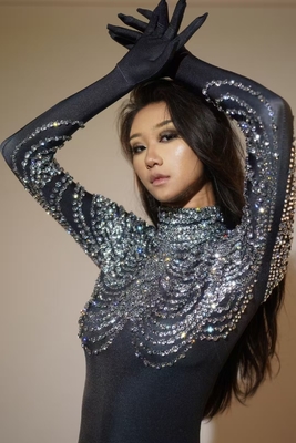 AD2381 Kimshein Women's Bodysuit Sportswear Fashionable Tight Jumpsuit with Sparkling Crystals