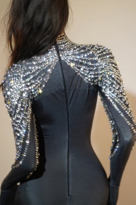 AD2381 Kimshein Women's Bodysuit Sportswear Fashionable Tight Jumpsuit with Sparkling Crystals