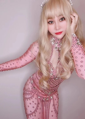 AD1598 Women's Spring/Summer Sexy Crystal Long Sleeve One-Piece Jumpsuit Shiny Pink Club Set for International Shipping
