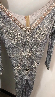 1 Piece Minimum Order V-Neck Collar AD1599 Luxurious Long Sleeve Beaded Crystal Evening Dress for Women