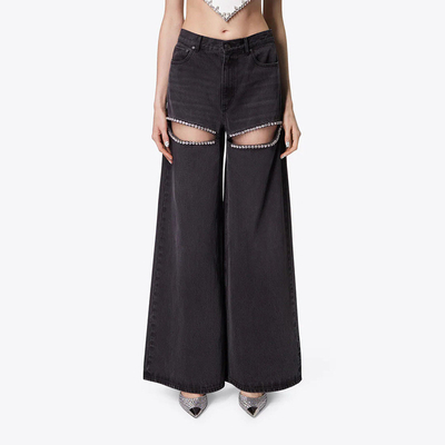 1 Piece Minimum Order CC2230 Women's Wide Leg Jeans with Water Drill Beaded Decoration in Polyester Material and Dark Wash