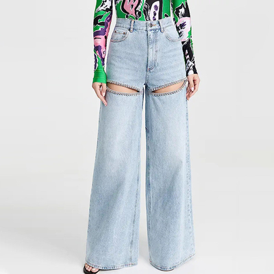 1 Piece Minimum Order CC2230 Women's Wide Leg Jeans with Water Drill Beaded Decoration in Polyester Material and Dark Wash