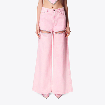 1 Piece Minimum Order CC2230 Women's Wide Leg Jeans with Water Drill Beaded Decoration in Polyester Material and Dark Wash