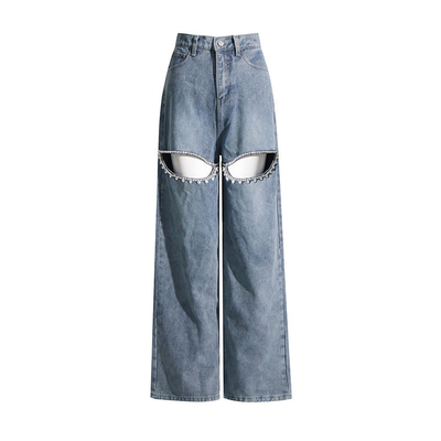 1 Piece Minimum Order CC2230 Women's Wide Leg Jeans with Water Drill Beaded Decoration in Polyester Material and Dark Wash