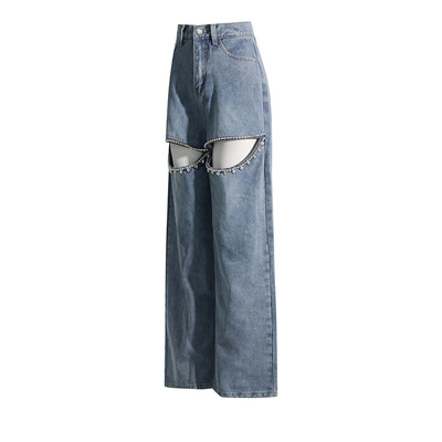1 Piece Minimum Order CC2230 Women's Wide Leg Jeans with Water Drill Beaded Decoration in Polyester Material and Dark Wash