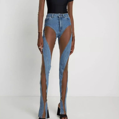 CC2224 Unique Design Women's Deming Jeans Fashion Long Pants Women's See-Through Mesh Sexy Trousers with Customizable Logo