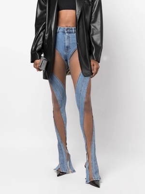 CC2224 Unique Design Women's Deming Jeans Fashion Long Pants Women's See-Through Mesh Sexy Trousers with Customizable Logo