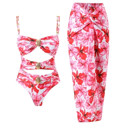Women's Two-Piece Swimsuit Hollow Sexy Tight Swimsuit with Skirt Printed Design Breathable and Support Intelligent Tracking