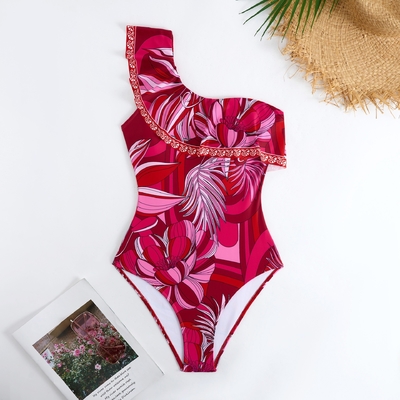 Printed Pattern and Full Polyester Material SM2134 Single Shoulder Tight Dress for Women's Swimwear Set Basic Style