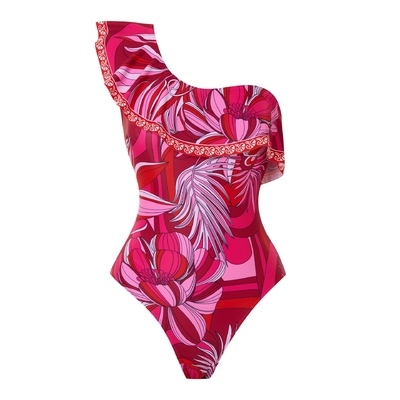 Printed Pattern and Full Polyester Material SM2134 Single Shoulder Tight Dress for Women's Swimwear Set Basic Style