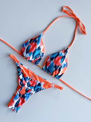 Sexy Print V-neck Backless Design Quick-drying Bikini for Women's Swimwear in Solid Color