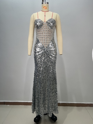 Make a Statement with this Off-Shoulder Maxi Dress featuring Silver Diamond Embellishments and Glittering Sequins