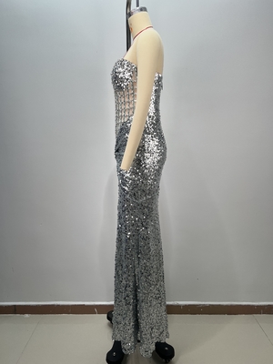 Make a Statement with this Off-Shoulder Maxi Dress featuring Silver Diamond Embellishments and Glittering Sequins