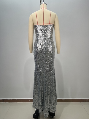 Make a Statement with this Off-Shoulder Maxi Dress featuring Silver Diamond Embellishments and Glittering Sequins