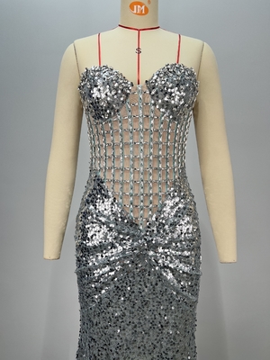 Make a Statement with this Off-Shoulder Maxi Dress featuring Silver Diamond Embellishments and Glittering Sequins