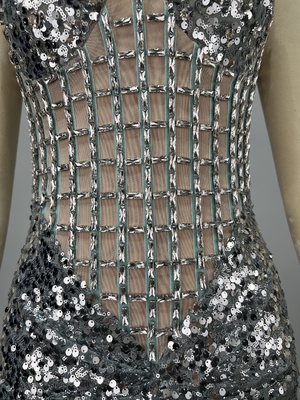 Make a Statement with this Off-Shoulder Maxi Dress featuring Silver Diamond Embellishments and Glittering Sequins
