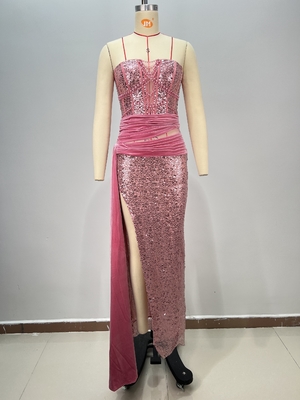 ED2776 Pink Sequin Elegant Ball Gown Luxury Sexy High Slit Pearl Chain Women's Dress 7-Day Fast Sampling and Split Skirt Type