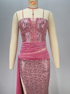 ED2776 Pink Sequin Elegant Ball Gown Luxury Sexy High Slit Pearl Chain Women's Dress 7-Day Fast Sampling and Split Skirt Type