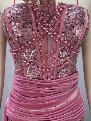 ED2776 Pink Sequin Elegant Ball Gown Luxury Sexy High Slit Pearl Chain Women's Dress 7-Day Fast Sampling and Split Skirt Type