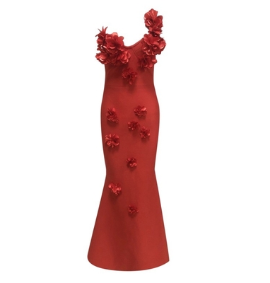 220g Fabric Weight Elegant and Sexy 3D Floral Evening Dress for Club Party Pure Color Woven Bandage Dress SB3453