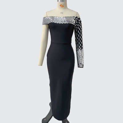 LS2651 Sexy One-Shoulder Crystal Diamond Bodycon Party Dress for Women Made of Bandage Material and Natural Waistline
