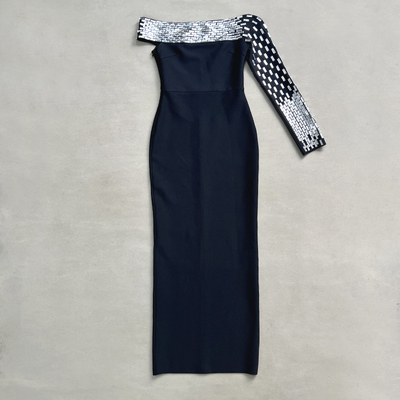 LS2651 Sexy One-Shoulder Crystal Diamond Bodycon Party Dress for Women Made of Bandage Material and Natural Waistline