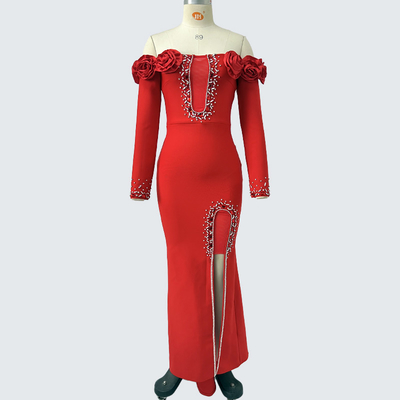 LS2653 luxurious and stylish 3D flower dress with crystal tassels tight band long sleeves nightclub dress from Guangdong