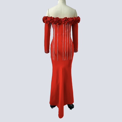 LS2653 luxurious and stylish 3D flower dress with crystal tassels tight band long sleeves nightclub dress from Guangdong