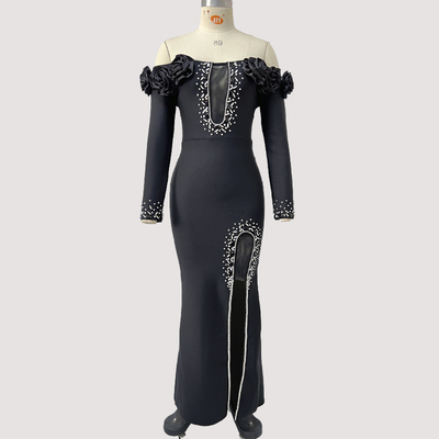 LS2653 luxurious and stylish 3D flower dress with crystal tassels tight band long sleeves nightclub dress from Guangdong