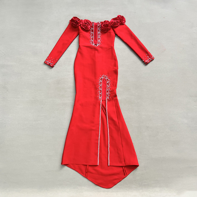 LS2653 luxurious and stylish 3D flower dress with crystal tassels tight band long sleeves nightclub dress from Guangdong