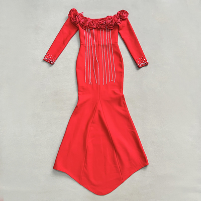 LS2653 luxurious and stylish 3D flower dress with crystal tassels tight band long sleeves nightclub dress from Guangdong