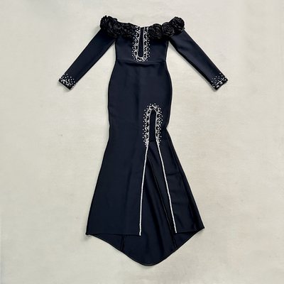 LS2653 luxurious and stylish 3D flower dress with crystal tassels tight band long sleeves nightclub dress from Guangdong